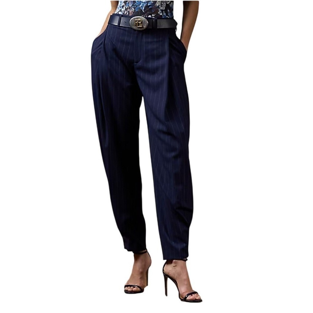 Ralph Lauren Purple Label Navy Blue Pinstripe 100% Wool Pleated Trousers Size 8